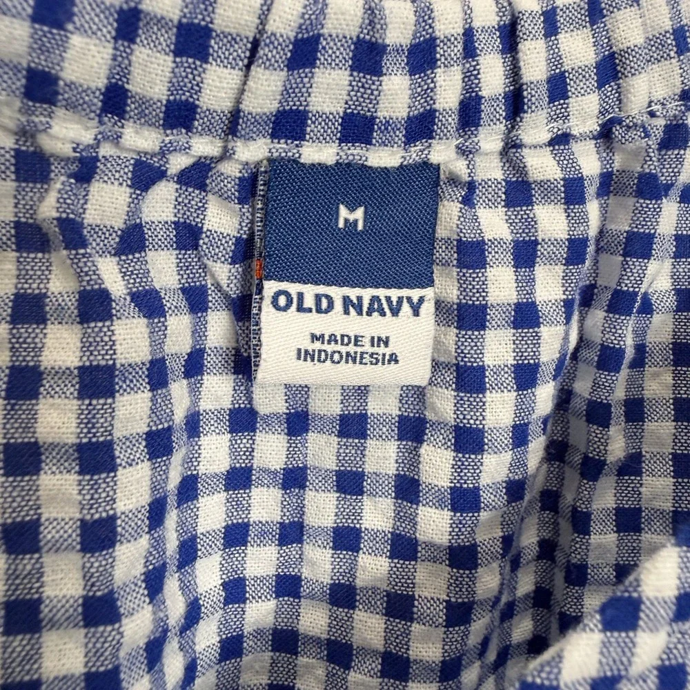 Old Navy M Tiered Blue Gingham Seersucker Long Sleeve Top Puff Sleeve Wide Neck